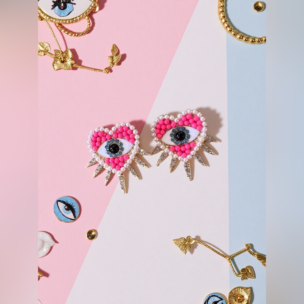 Pink White Gold Heart Rhinestone Evil Eye Post Earrings with Spikes